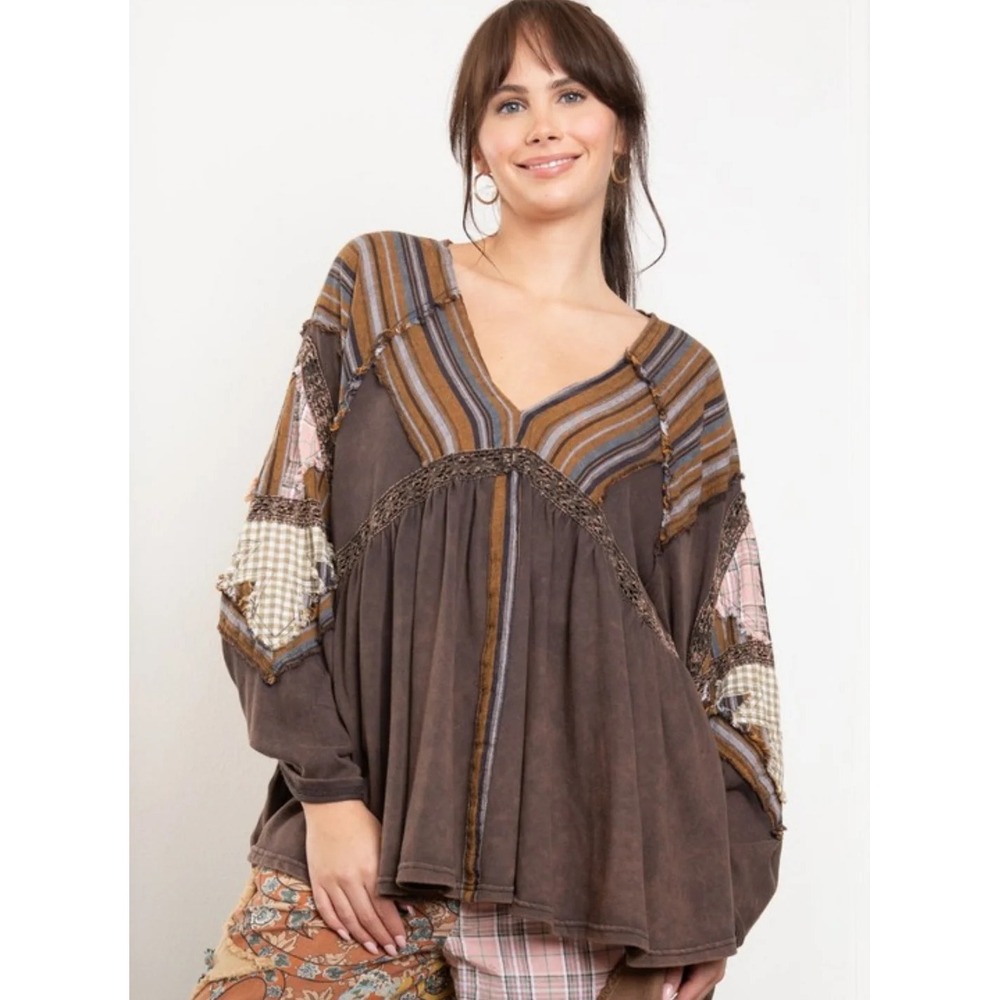 Blue Velvet Piper Top Boho Mixed Media Patchwork Babydoll Top V-Neck XL NWT